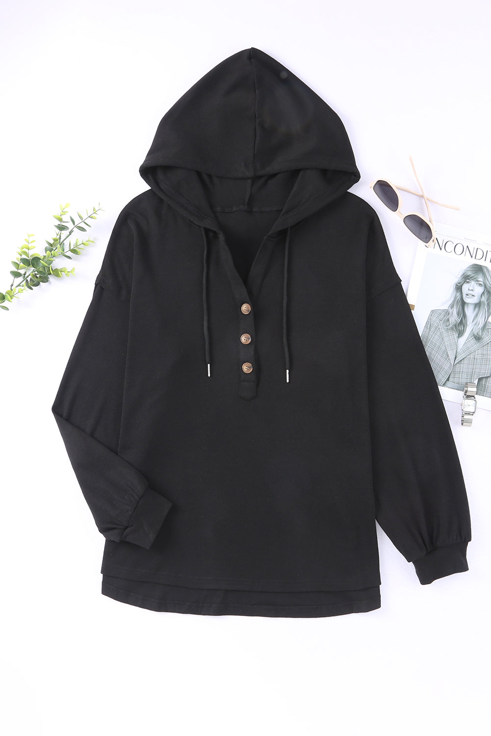 Button Front Pullover Hooded Sweatshirt