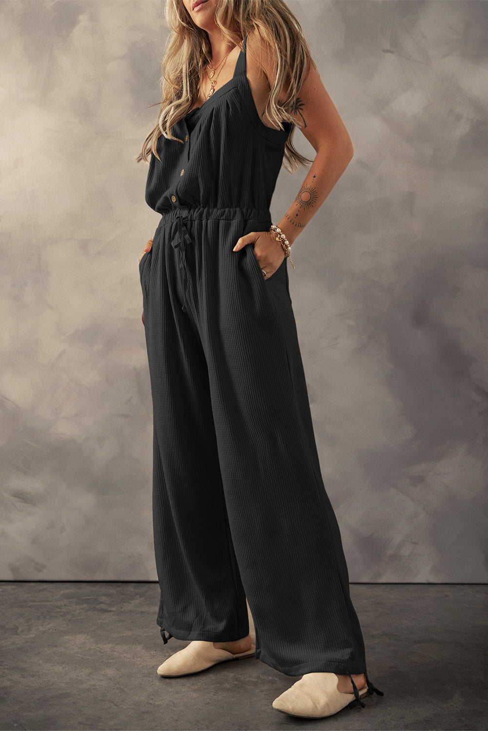 Knotted Straps Button Textured Drawstring Jumpsuit