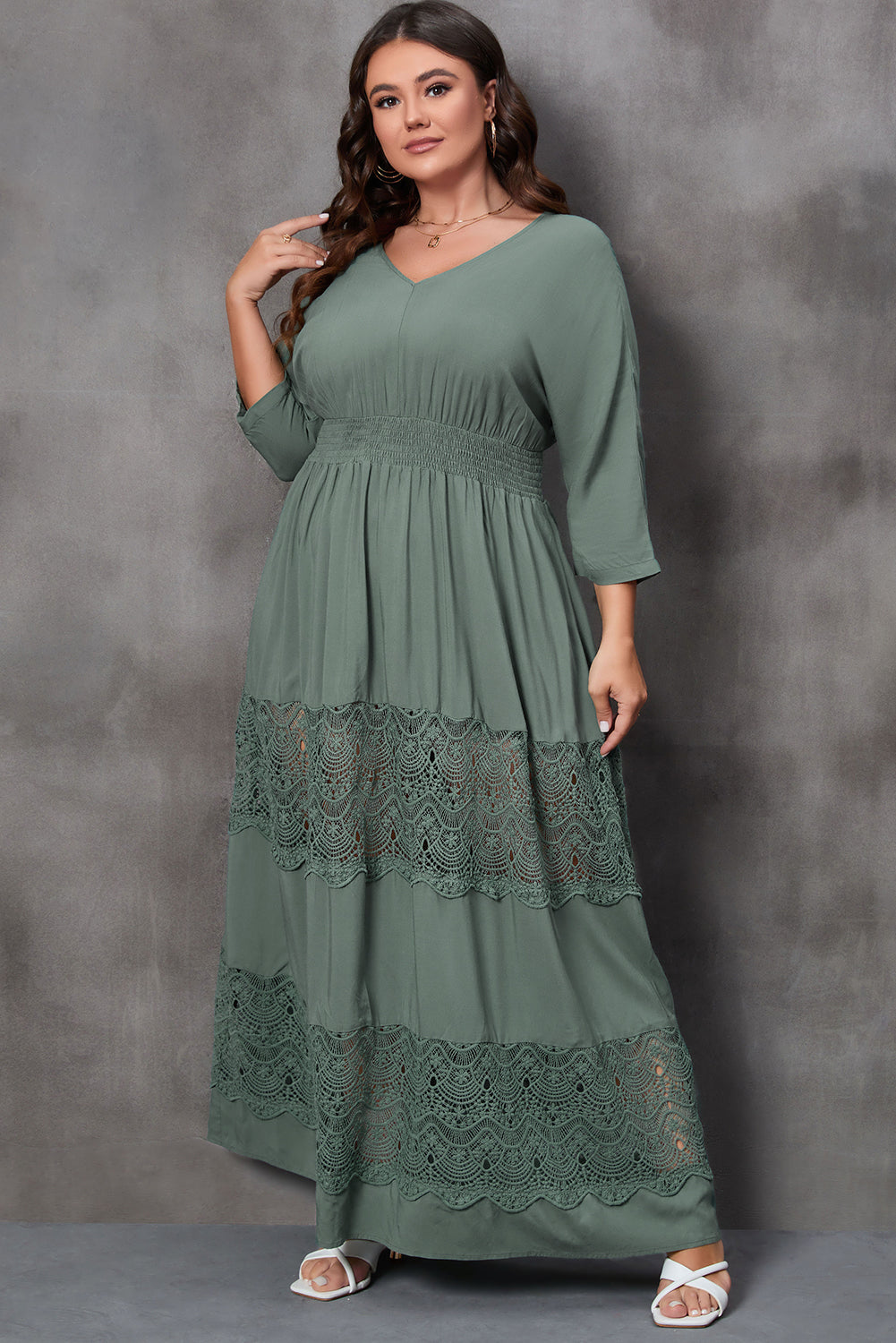 3/4 Sleeve Smocked Lace Decor Maxi Dress