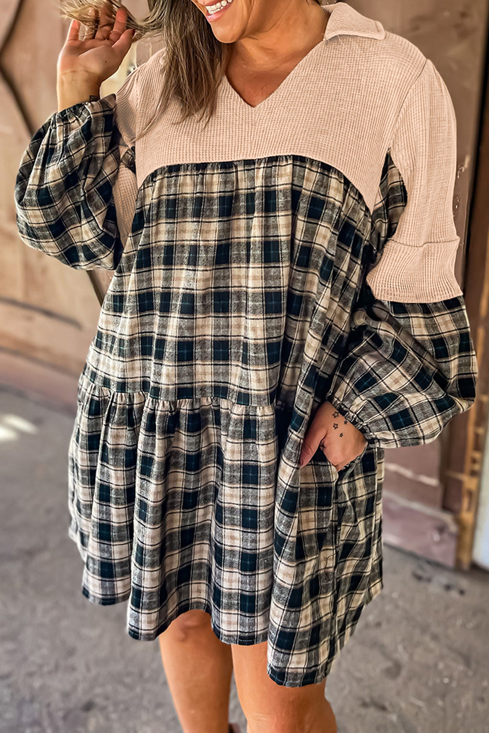 Plaid and Waffle knit Plus Size Dress