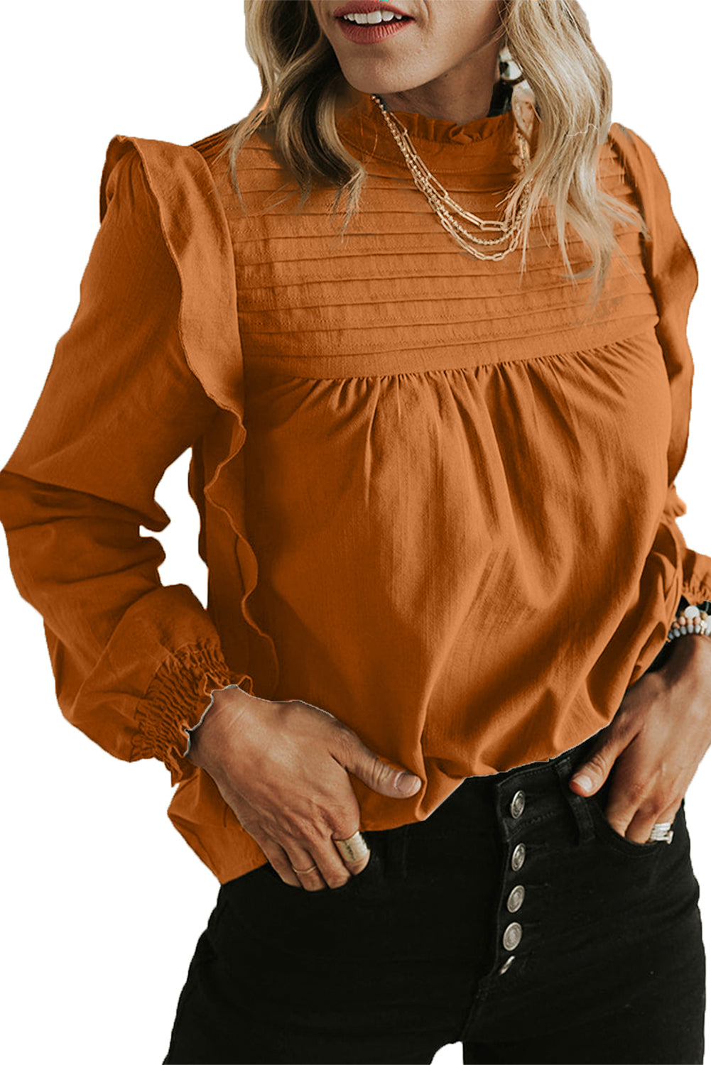 Ruffled Solid Color Pleated Long Sleeve Blouse