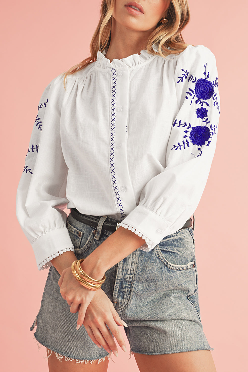 Embroidered Button Up Boho Blouse