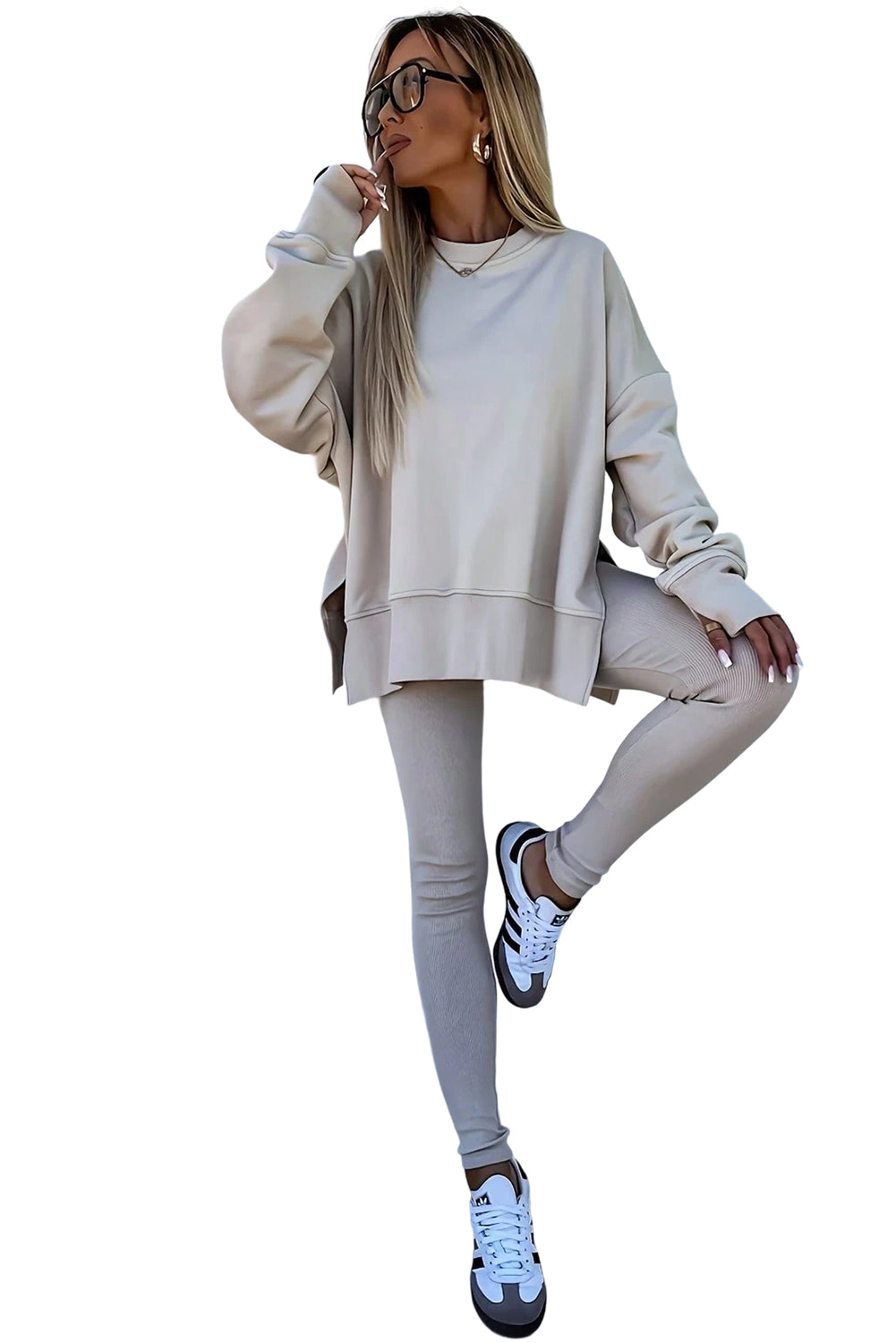 Oversize Slit Sweatshirt Ribbed Leggings Set
