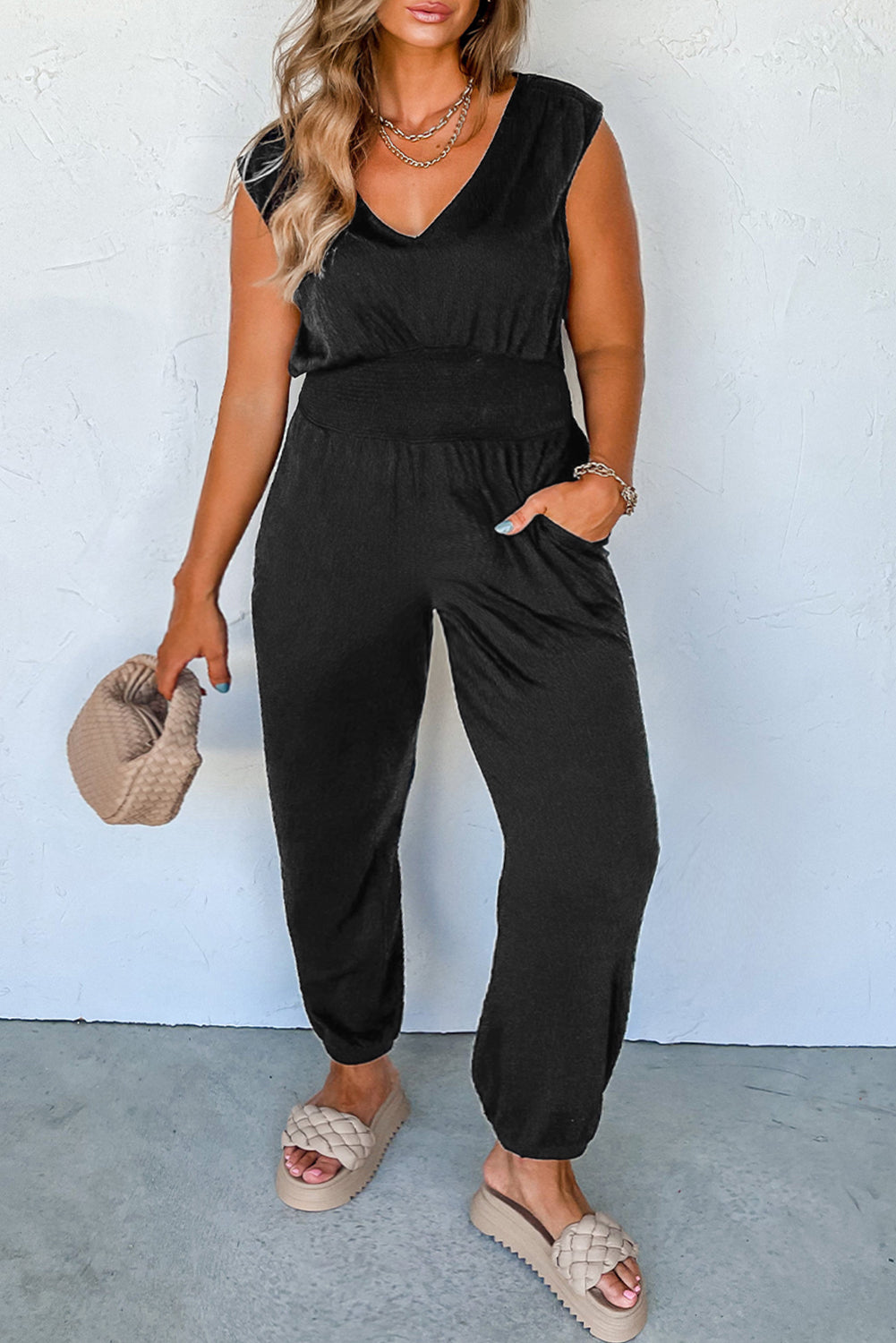 High Waist Sleeveless V Neck Jumpsuit