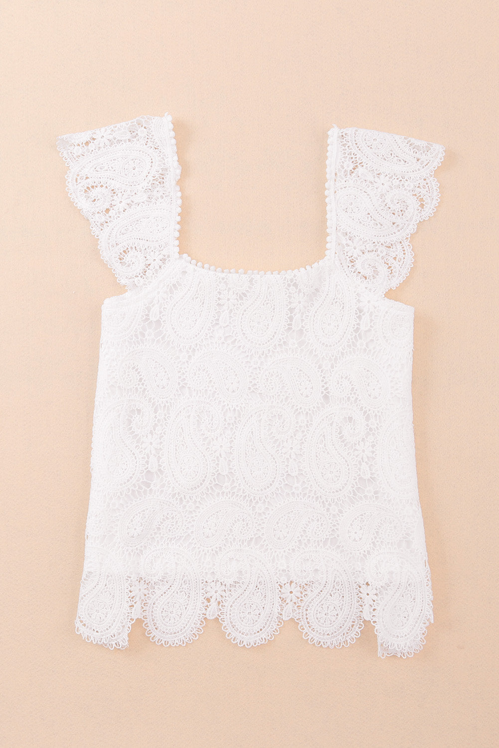 White Lace Crochet Ruffled Square Neck Tank Top
