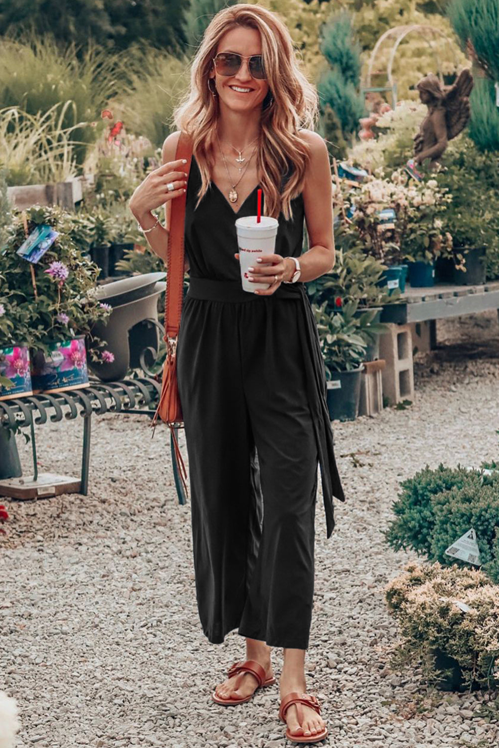 Surplice V Neck Knot Wide Leg Jumpsuit