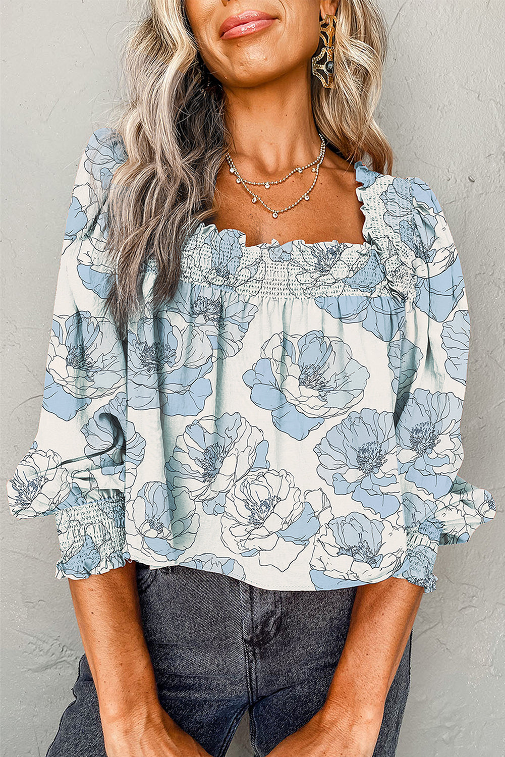 Sky Blue Floral Print Long Sleeve Blouse