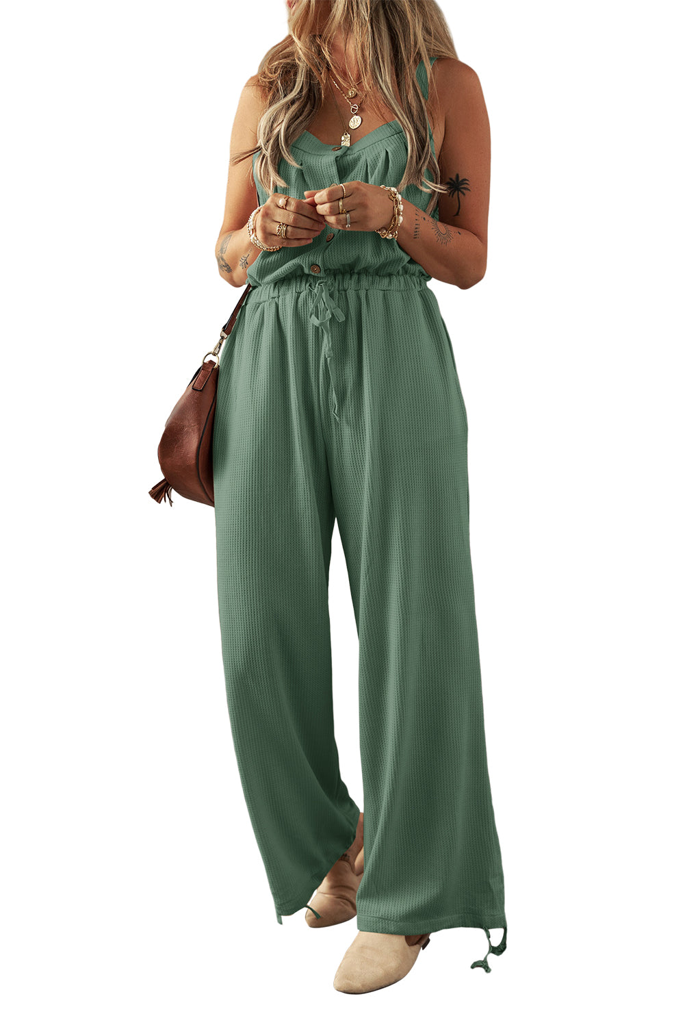 Knotted Straps Button Textured Drawstring Jumpsuit