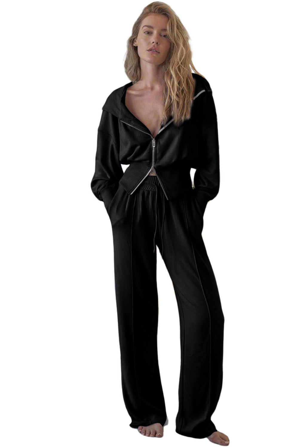 Double Zipper Hooded Jacket and Sweatpants Active Set
