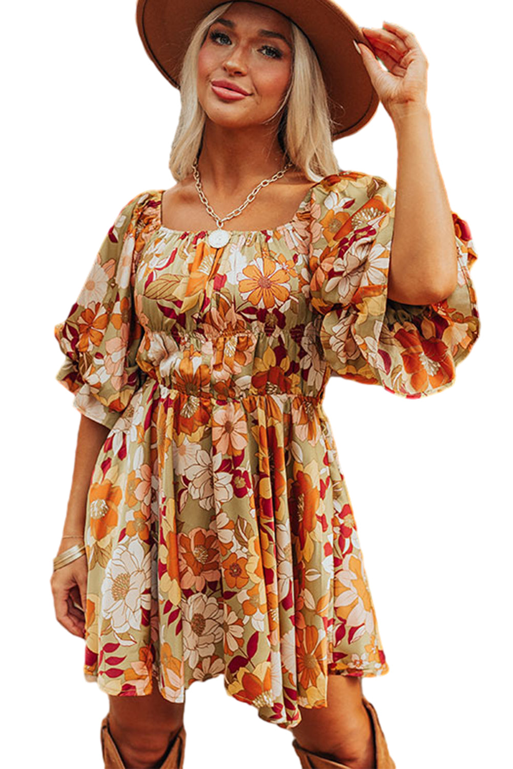 Floral Printed Square Neck Dress