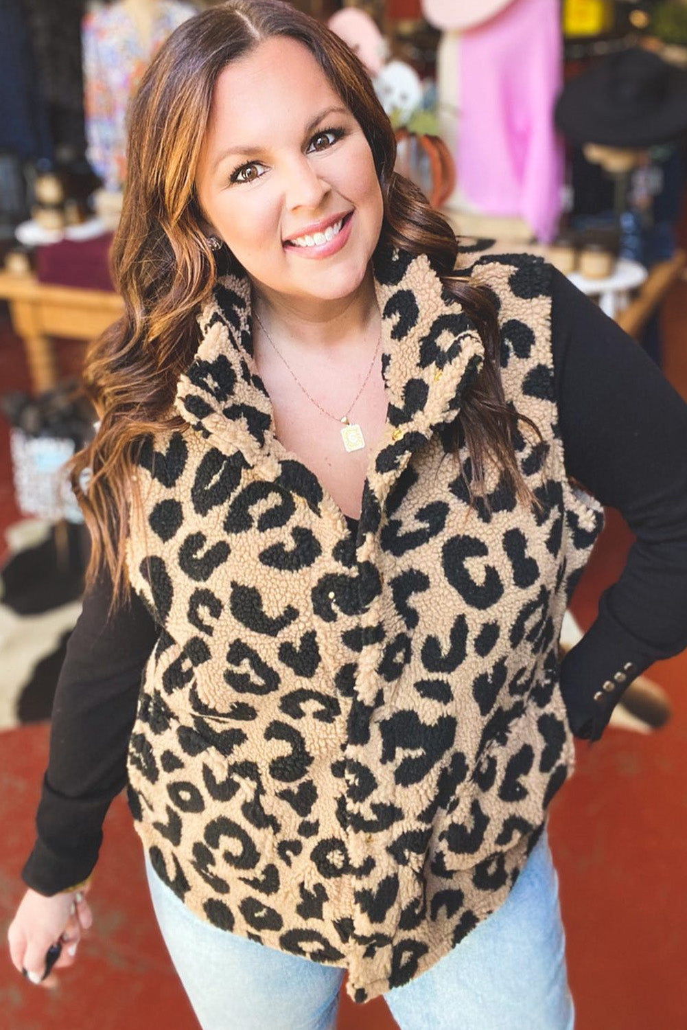 Leopard Sherpa Plus Size Vest Jacket