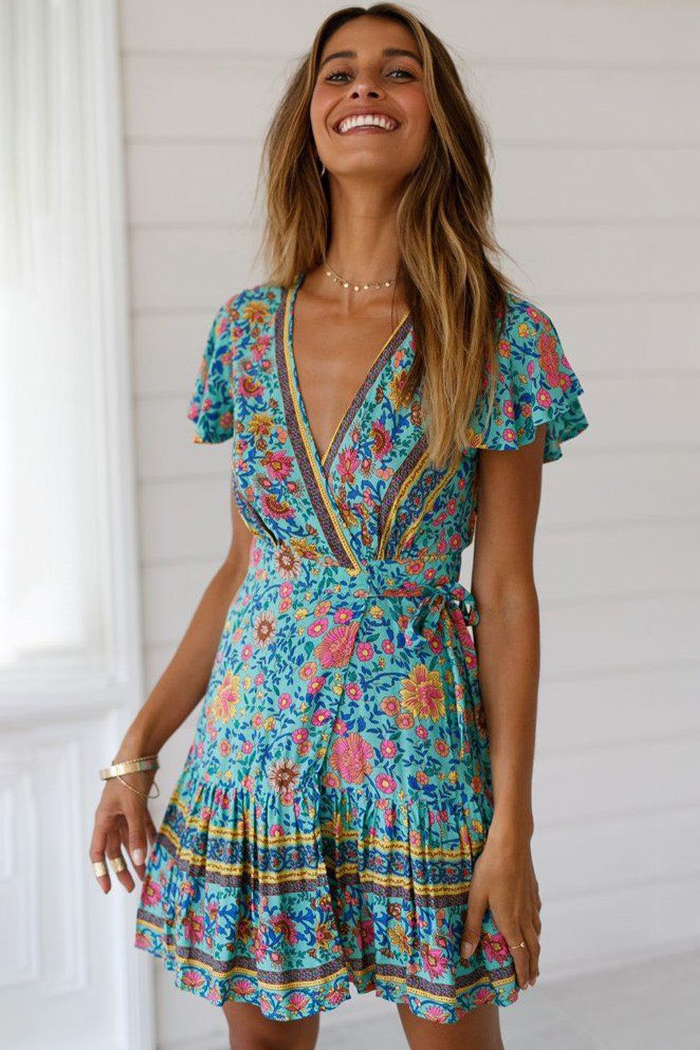 Floral Ruffle Sleeve Short Dress