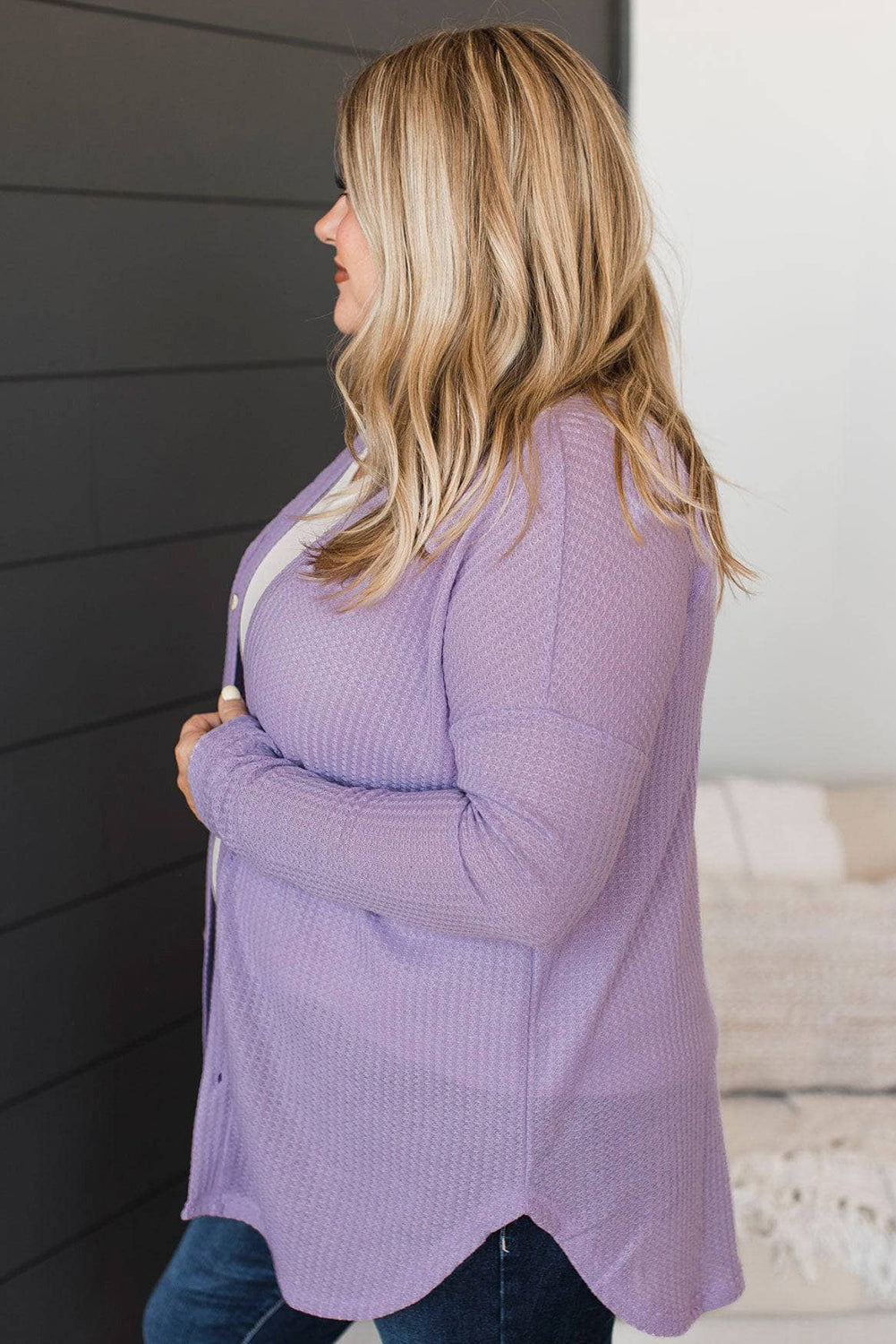 Waffle Knit Button Front Cardigan