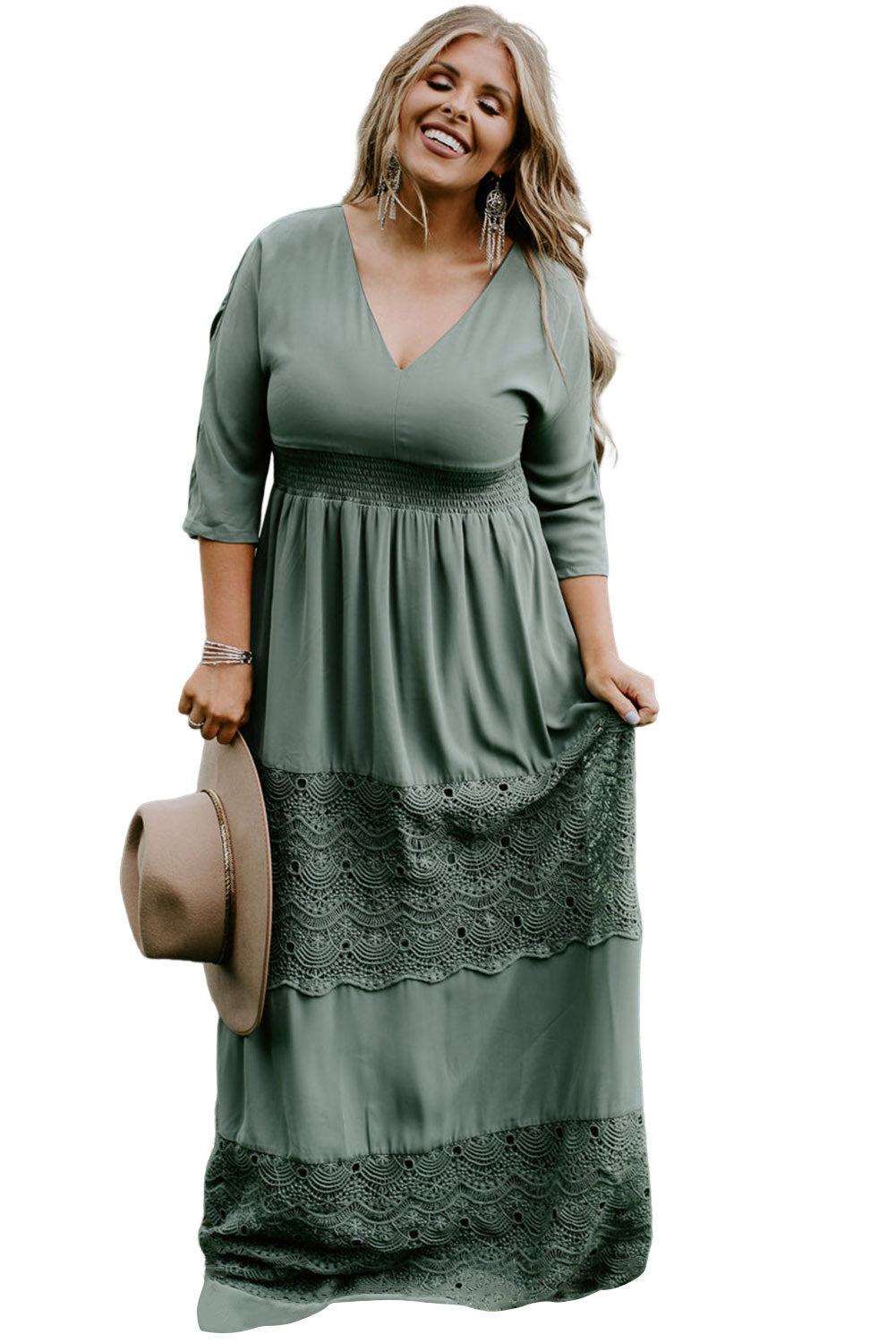 3/4 Sleeve Smocked Lace Decor Maxi Dress