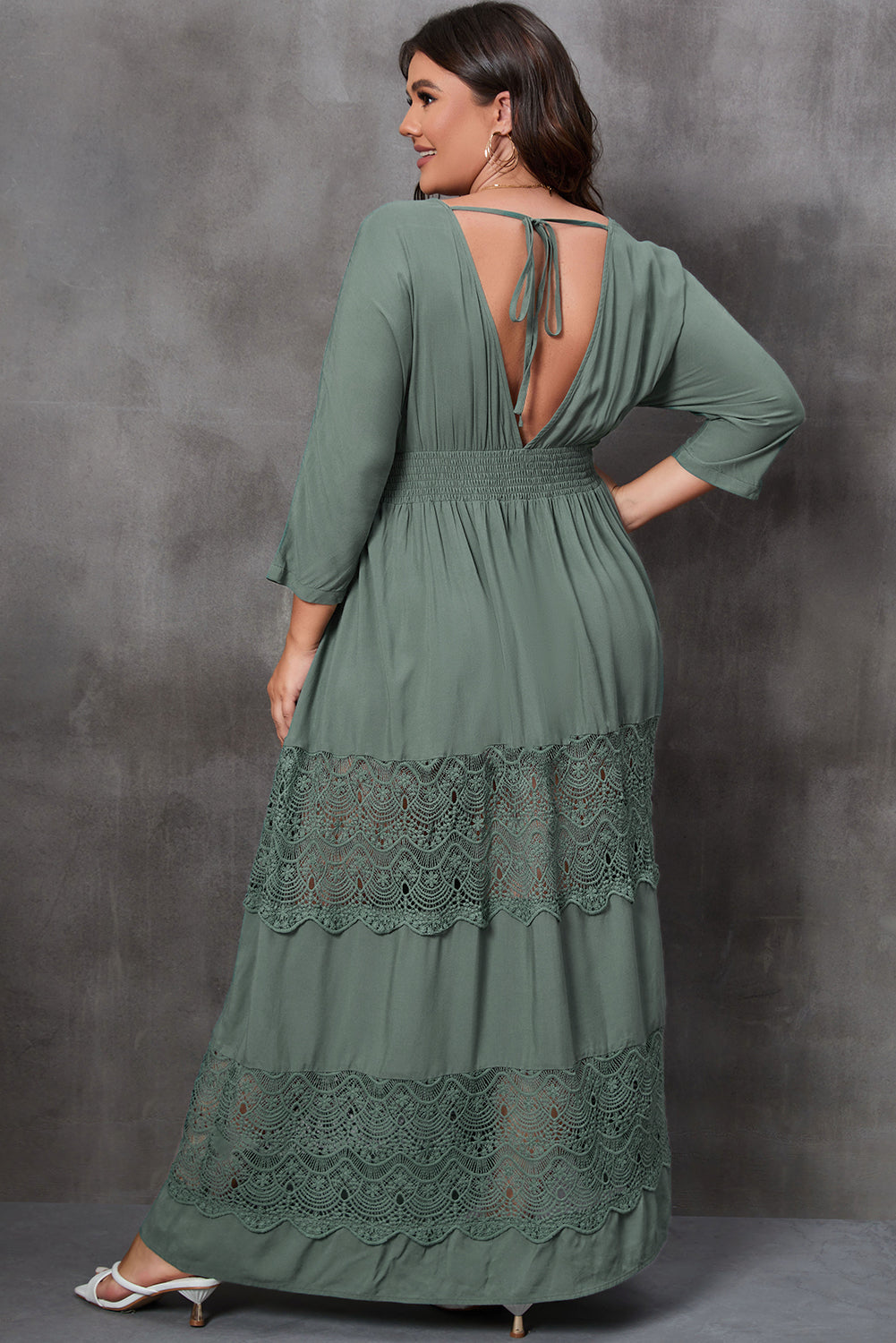 3/4 Sleeve Smocked Lace Decor Maxi Dress