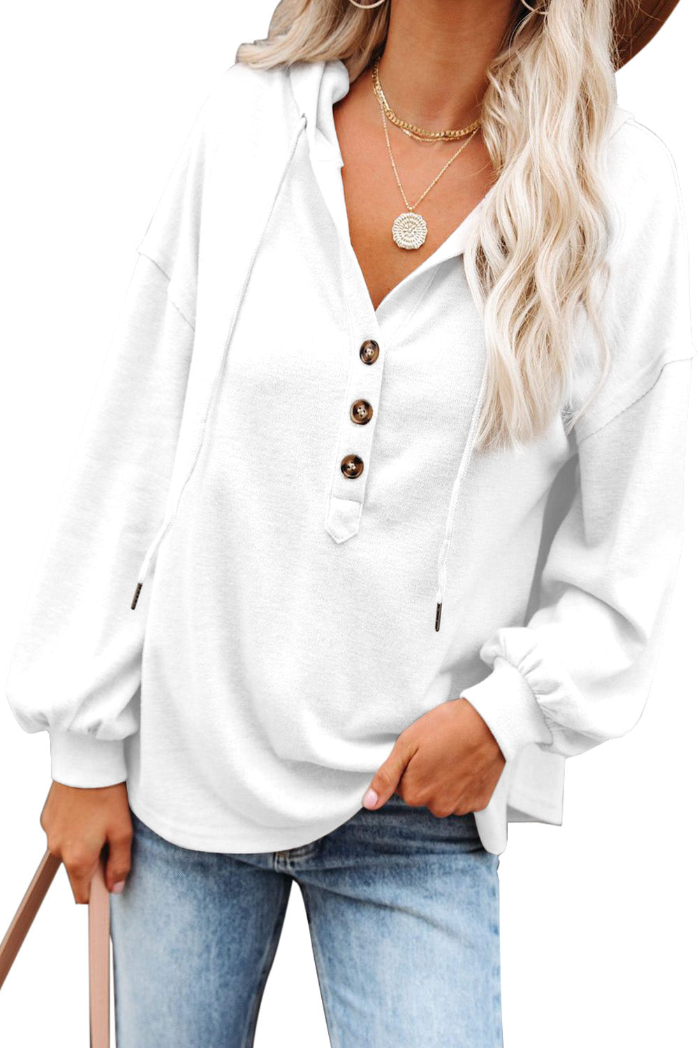 Button Front Pullover Hooded Sweatshirt