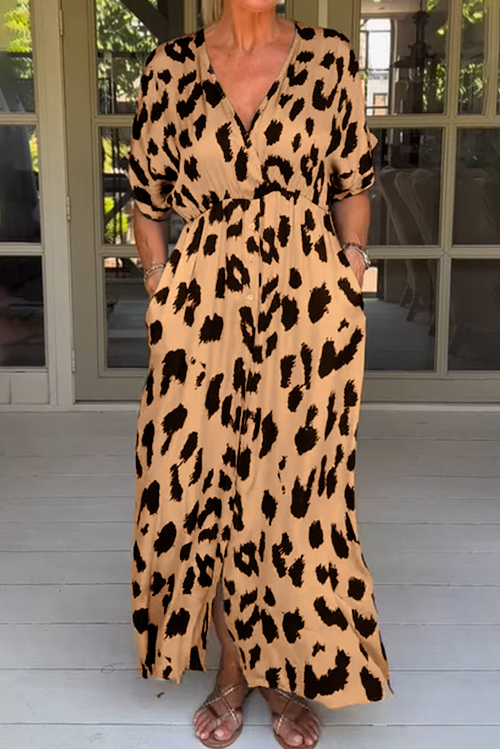 Leopard V Neck High Waist Buttoned Plus Maxi Dress