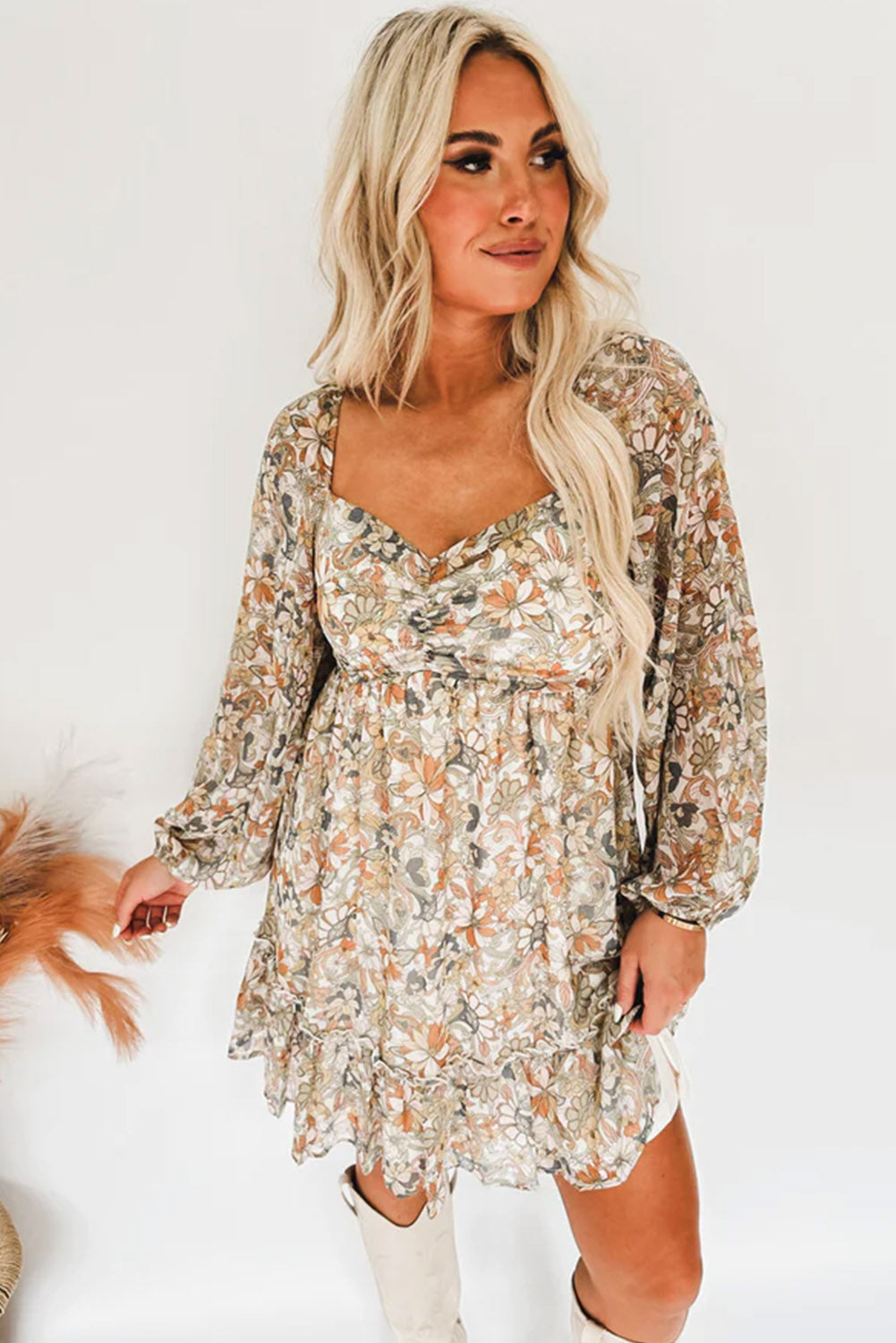 Boho Ruched Sweetheart Neck Frilled Dress