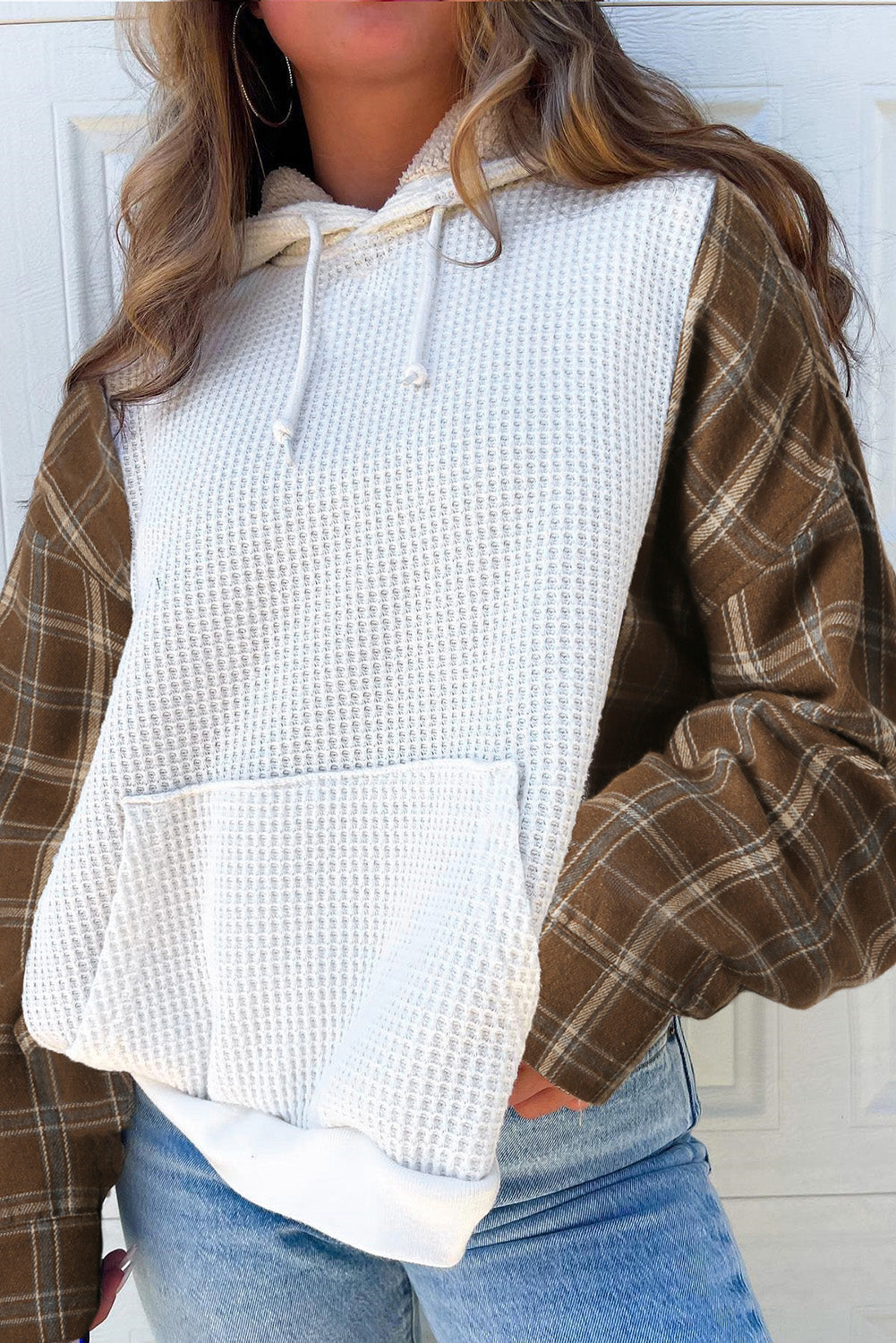 Plaid Sleeve Kangaroo Pocket Hoodie