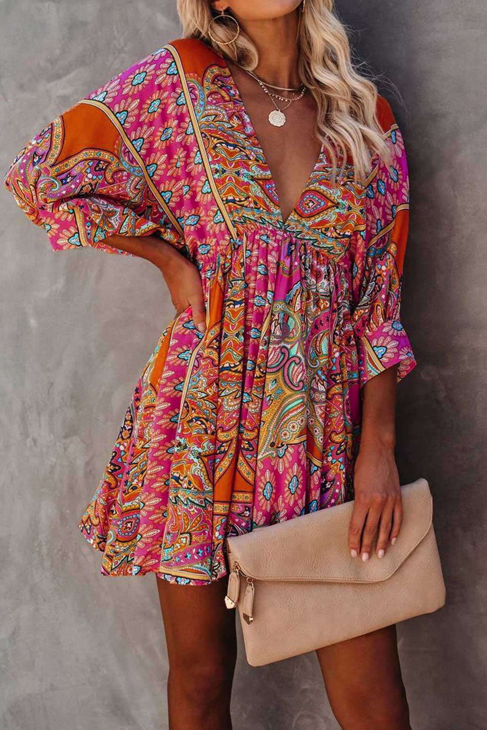 3/4 Sleeve Tie Back Boho Dress