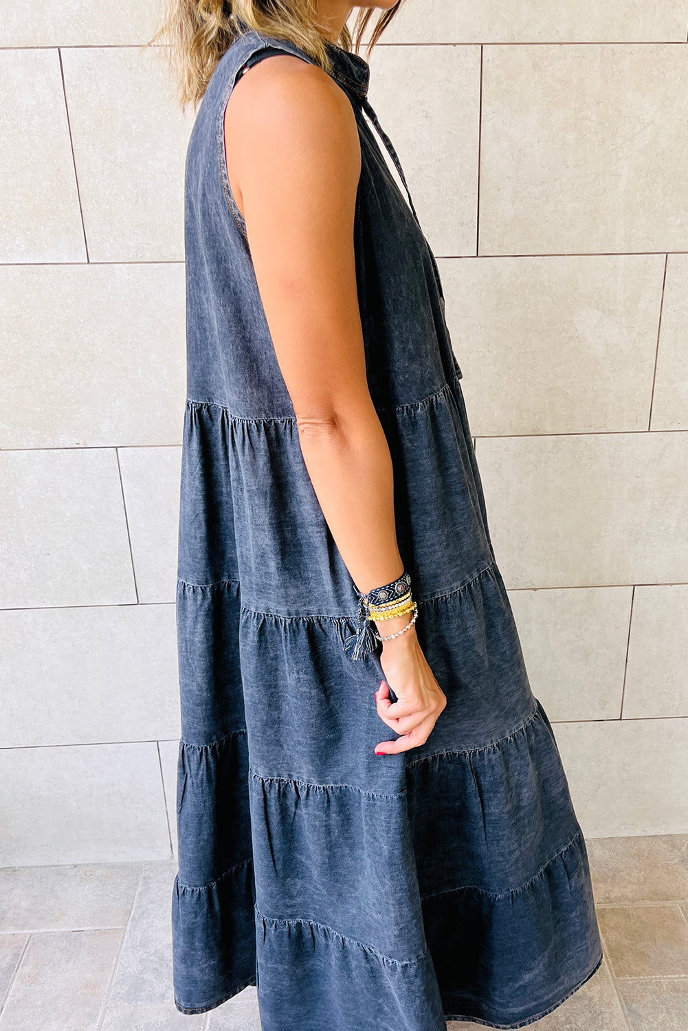 Real Teal Sleeveless Tiered Chambray Maxi Dress