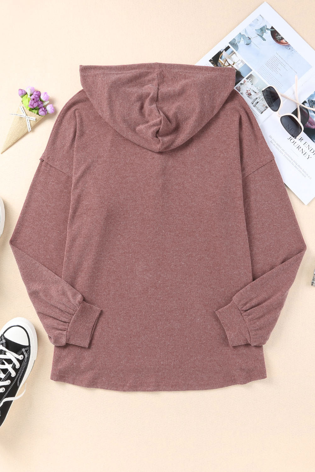 Button Front Pullover Hooded Sweatshirt