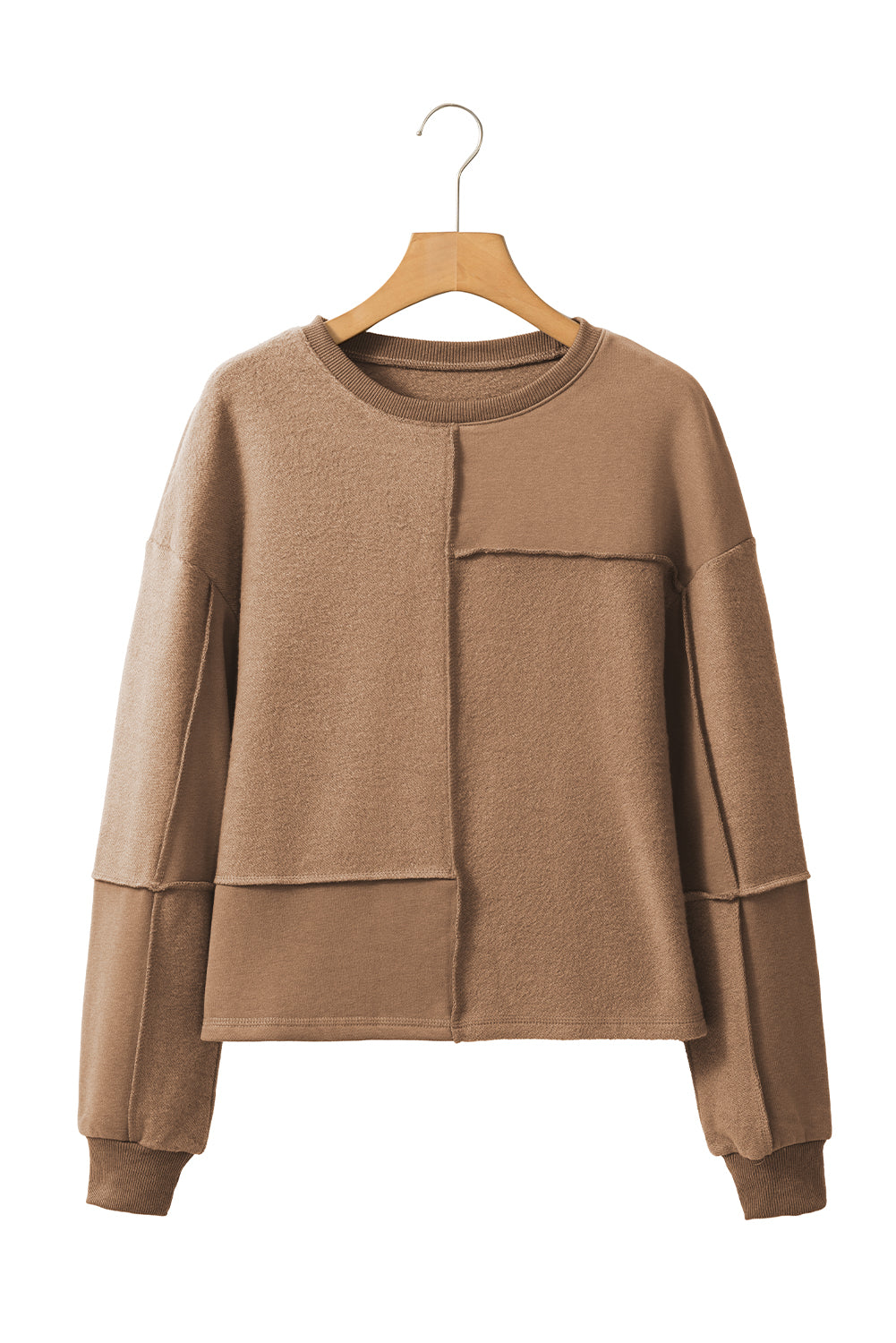 Coffee Solid Exposed Seam Pullover Sweatshirt