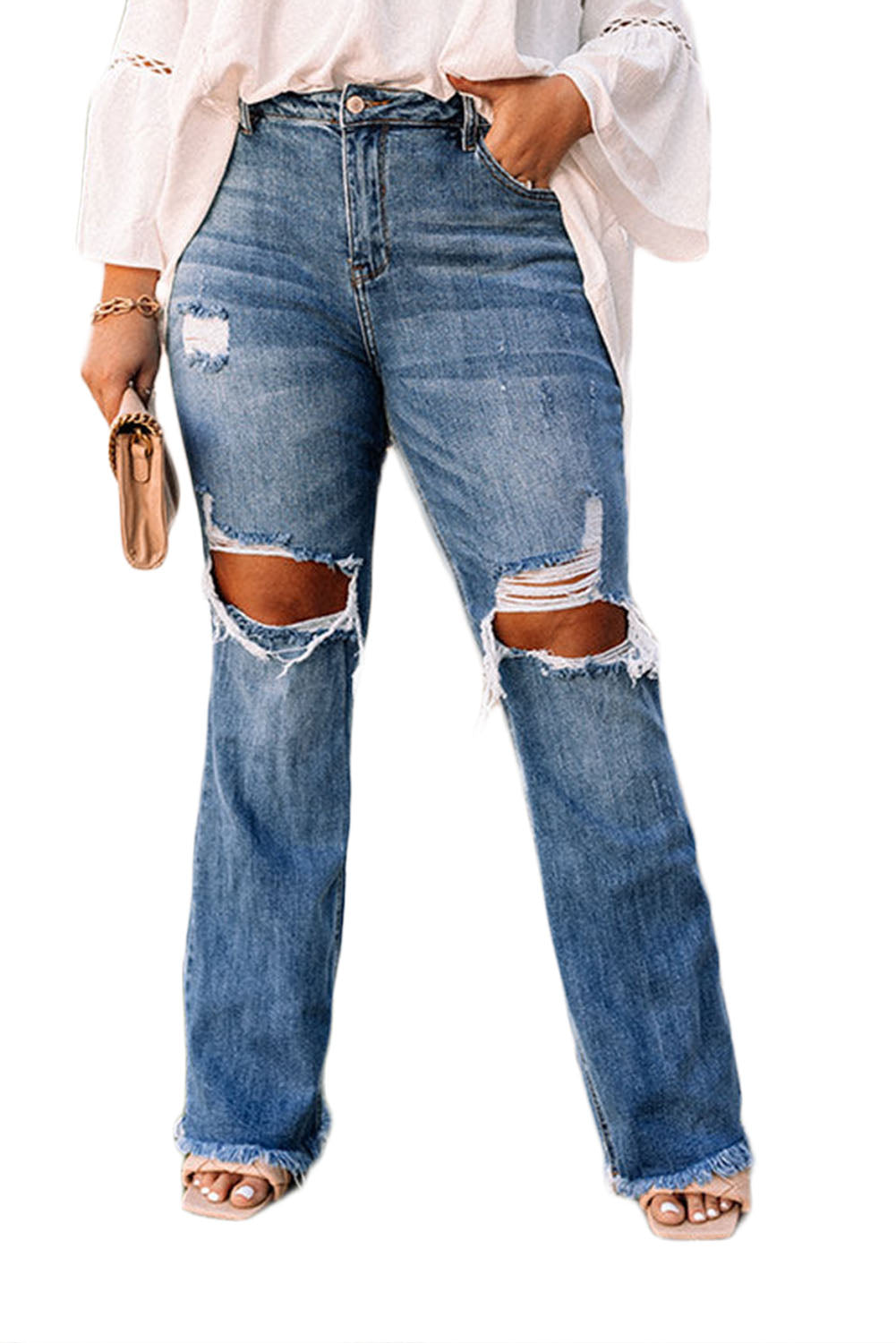 Dark Wash Raw Hem High Waisted Plus Size Ripped Jeans