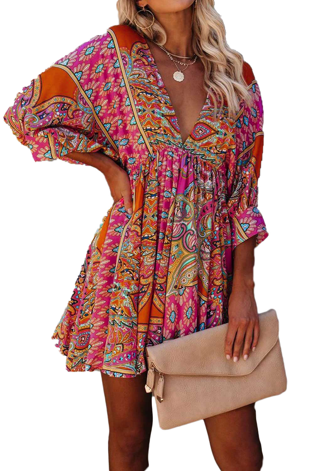 3/4 Sleeve Tie Back Boho Dress