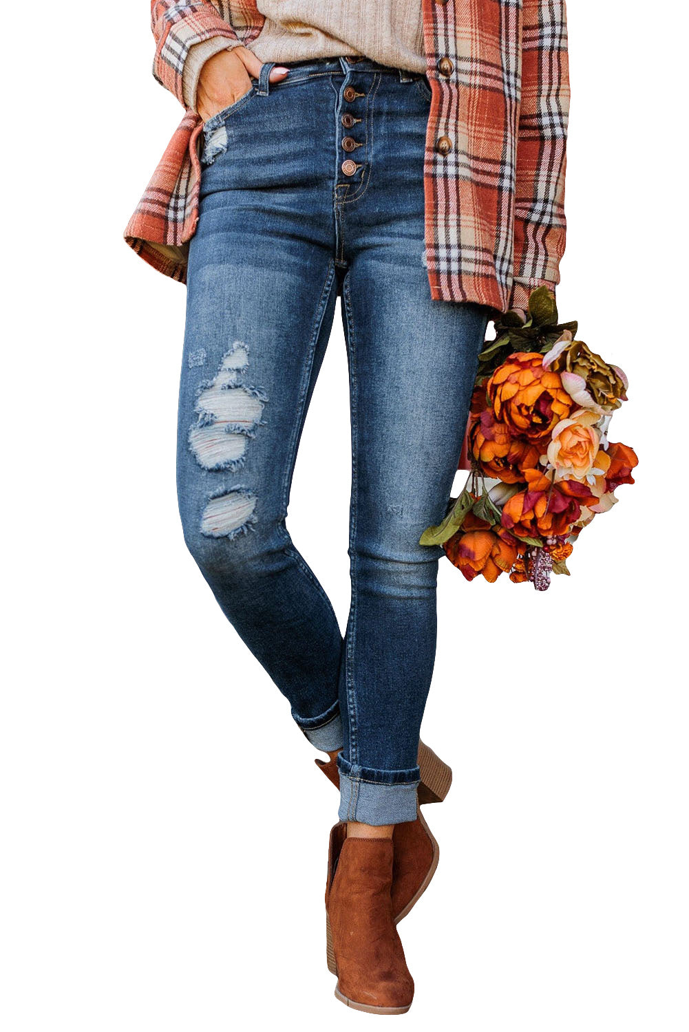 Distressed Button Fly High Waist Skinny Jeans