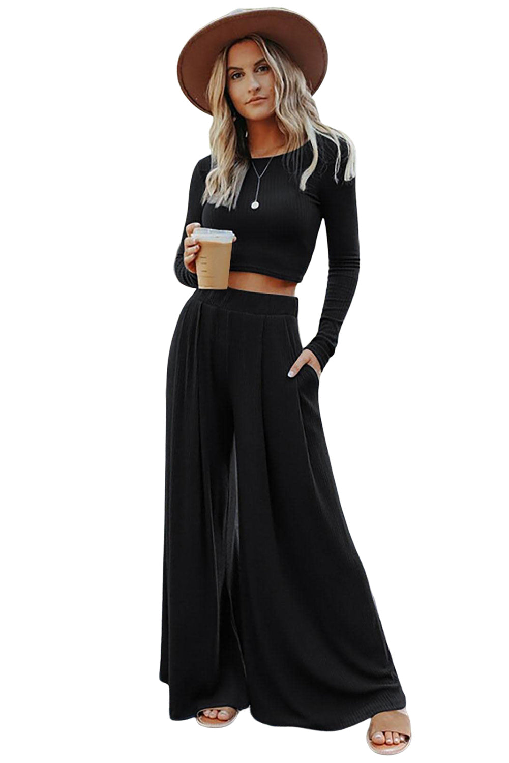 Ribbed Crop Top and Wide leg Pant Set