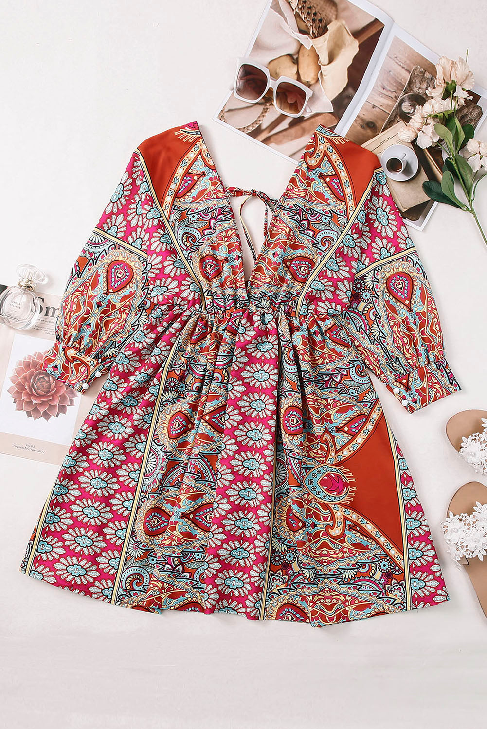 3/4 Sleeve Tie Back Boho Dress