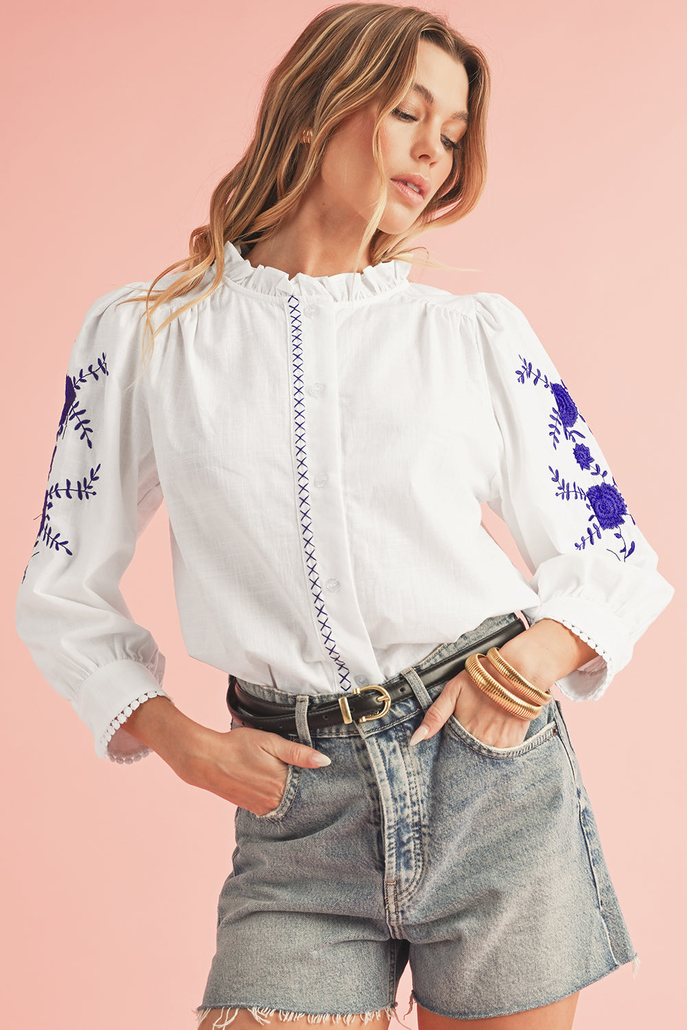 Embroidered Button Up Boho Blouse