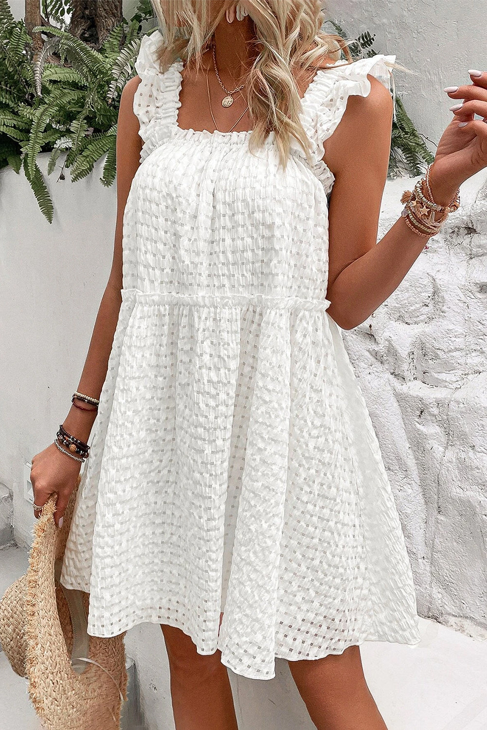 White Ruffle Textured Dress