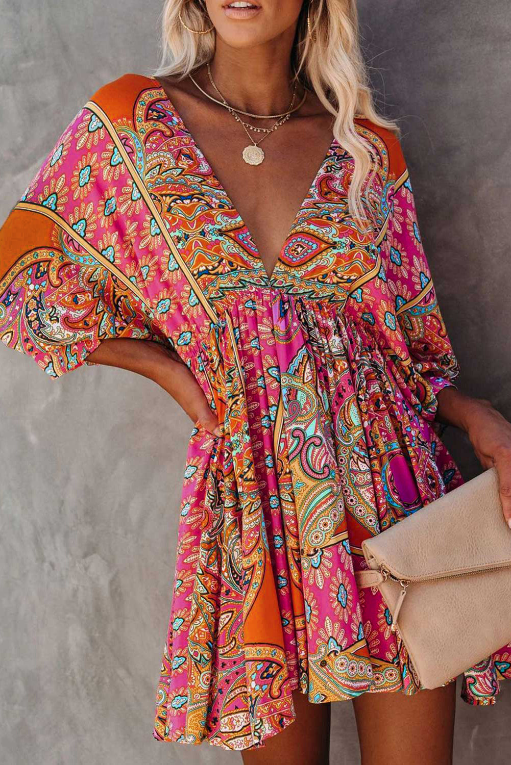 3/4 Sleeve Tie Back Boho Dress