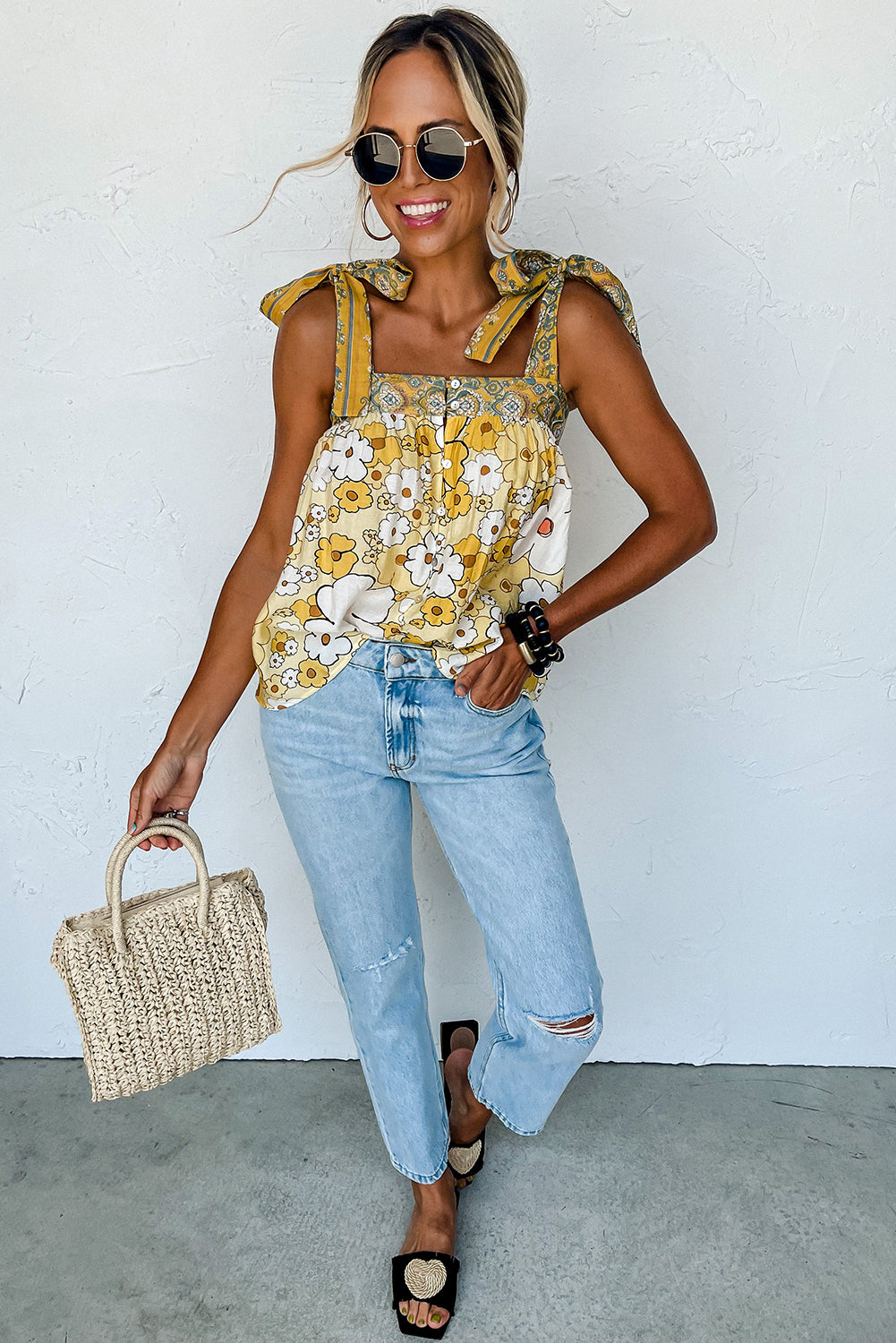 Yellow Floral Patchwork Boho Knot Straps Top