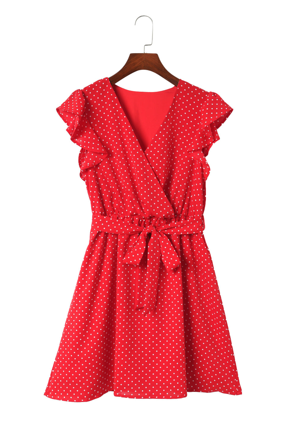 Red Polka Dot V Neck Ruffle Dress