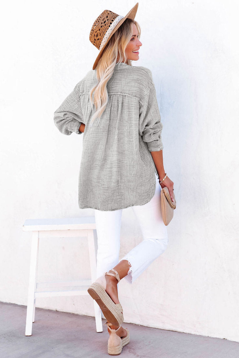 Crinkle V Neck Henley Top