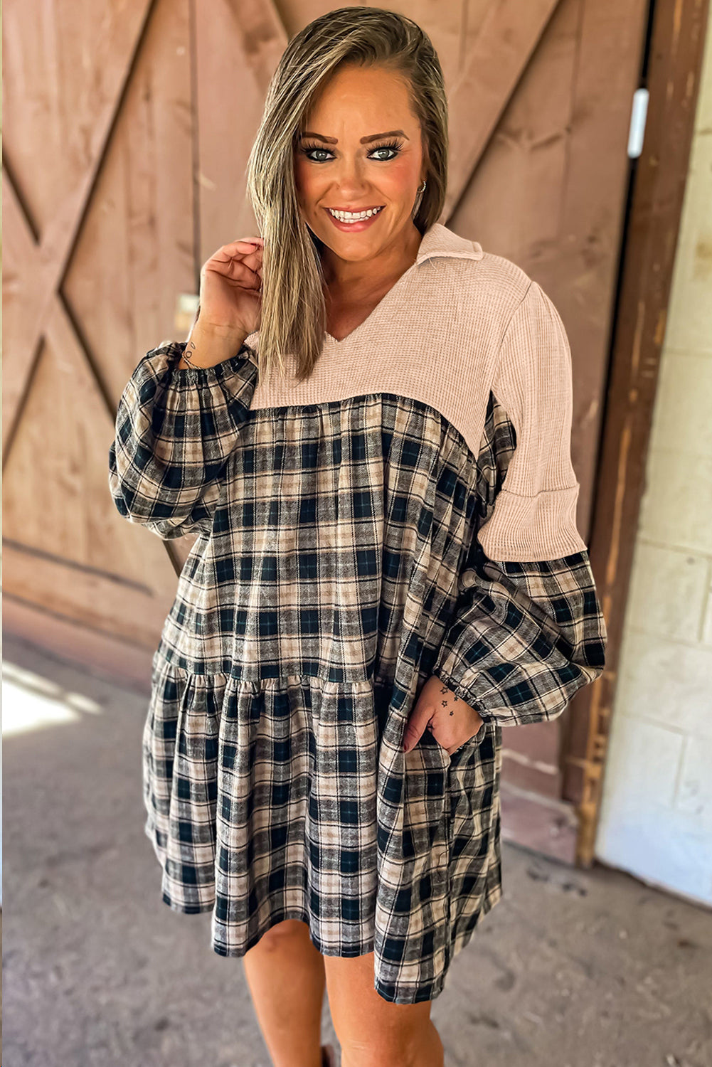 Plaid and Waffle knit Plus Size Dress