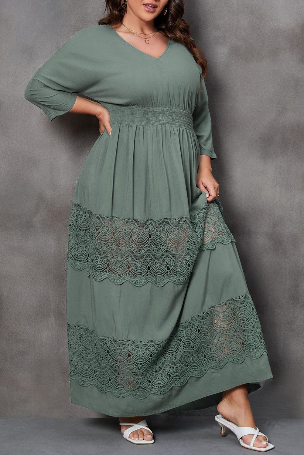 3/4 Sleeve Smocked Lace Decor Maxi Dress