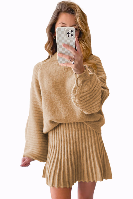 Lantern Sleeve Sweater Pleated Knitted Mini Skirt Set