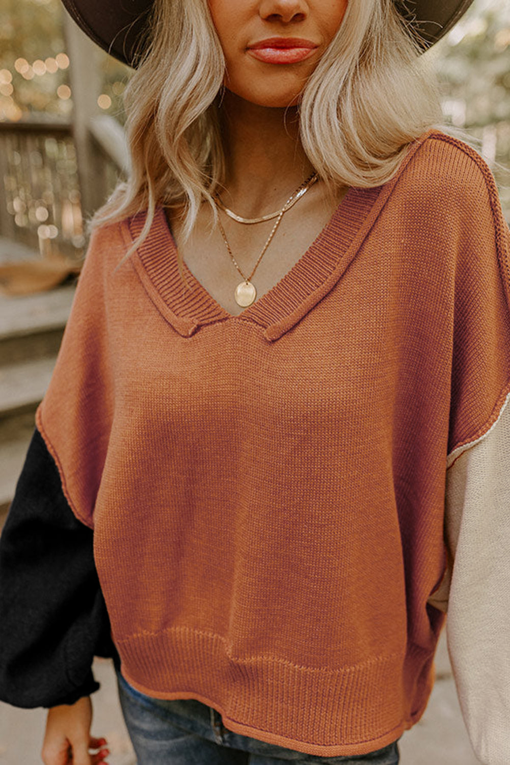 Bubble Sleeve V Neck Sweater