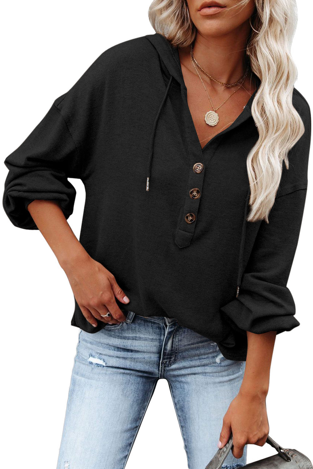 Button Front Pullover Hooded Sweatshirt