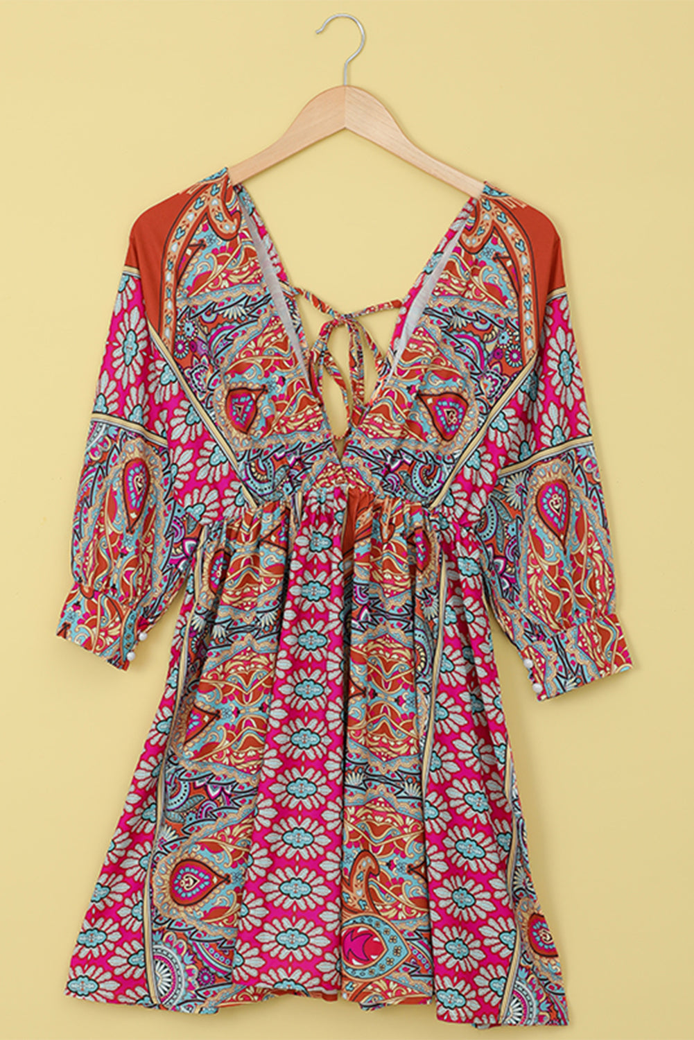 3/4 Sleeve Tie Back Boho Dress