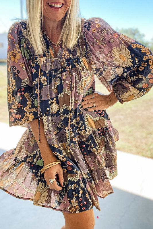 Purple Boho Floral Print Puff Sleeve Dress