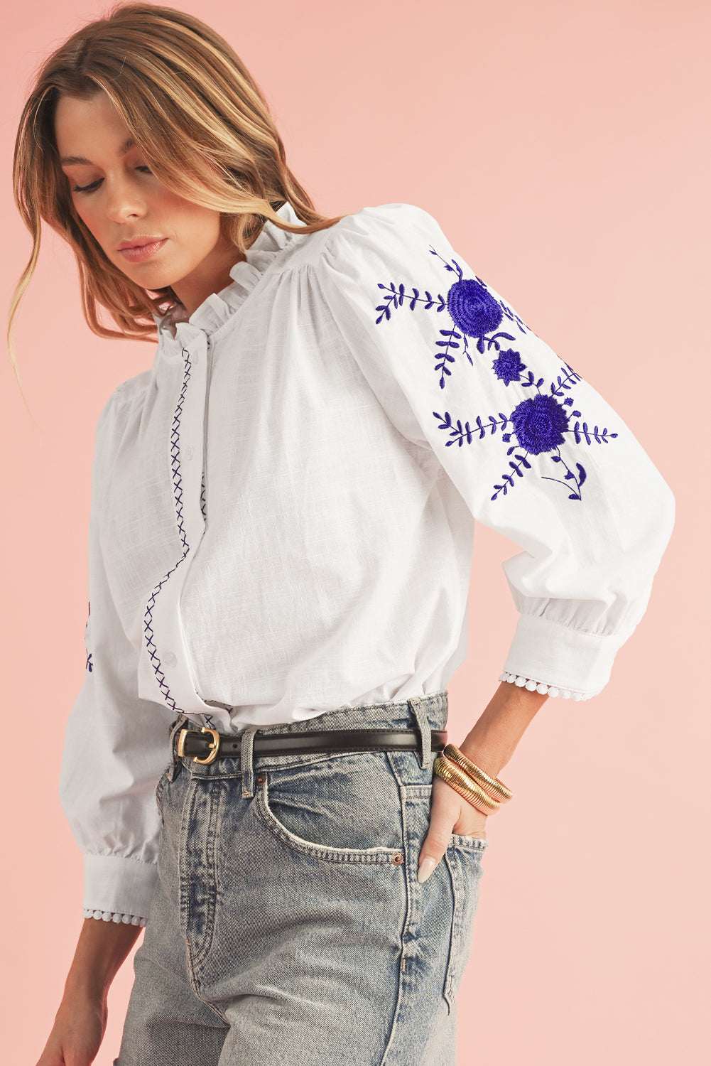 Embroidered Button Up Boho Blouse