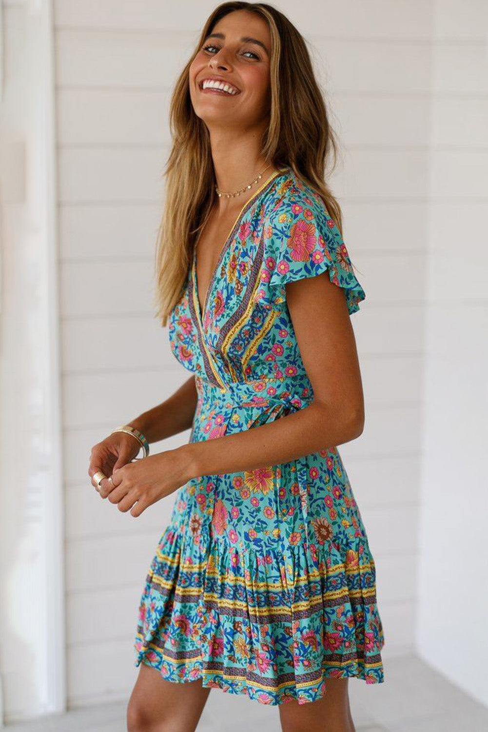 Floral Ruffle Sleeve Short Dress