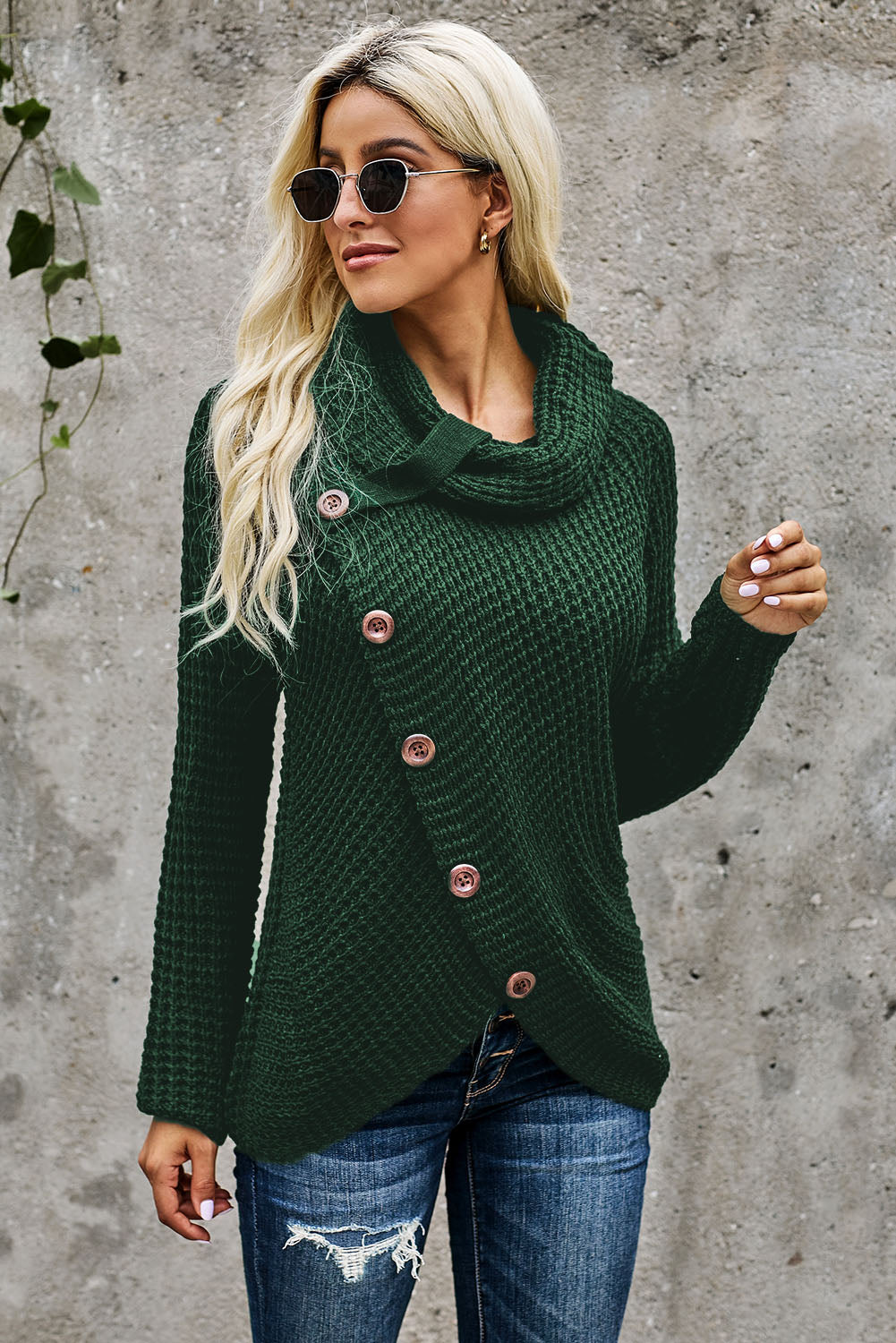 Knitted Button Front Cowl Neck Sweater