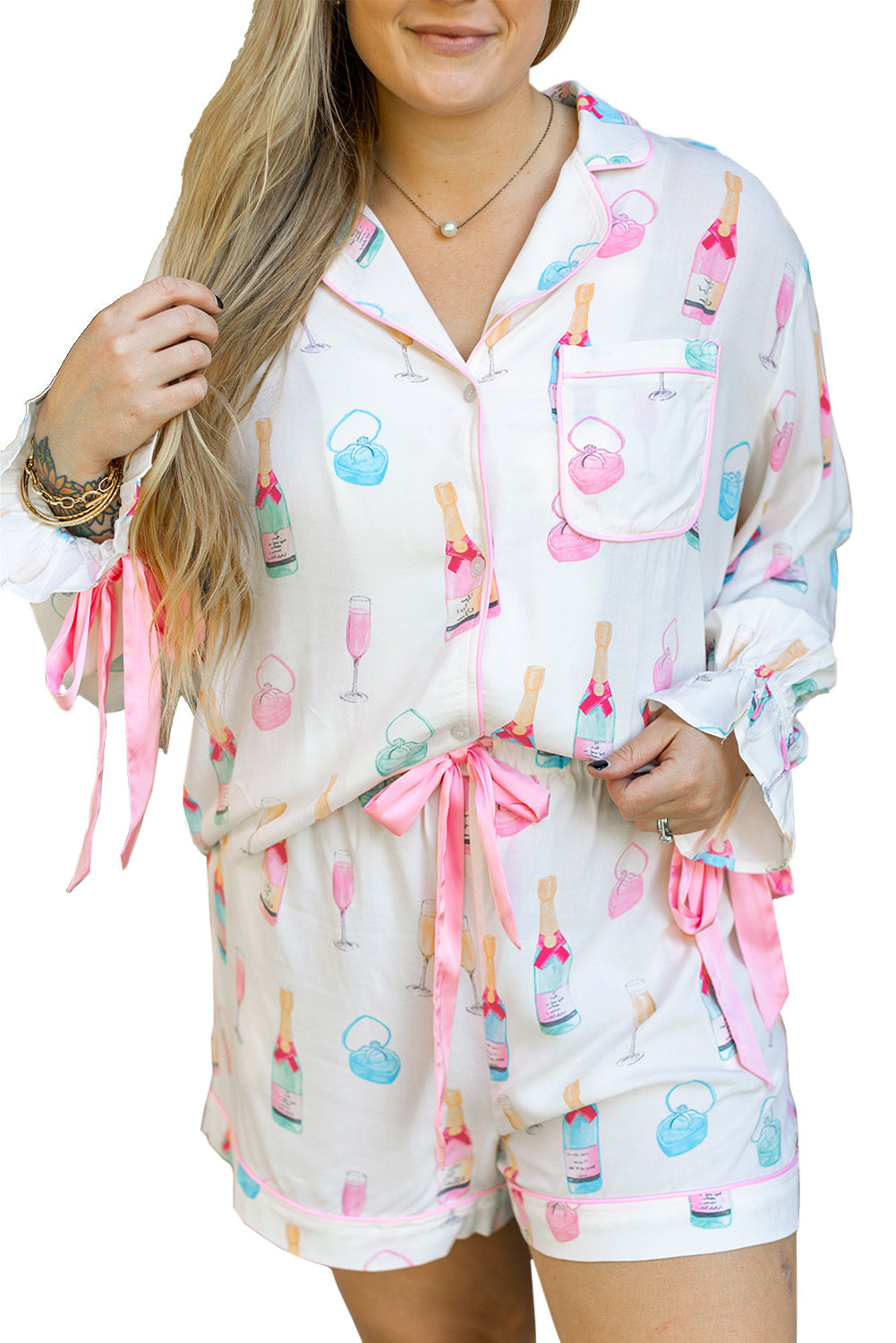 Wine Glass Print Plus Size Pajama Set