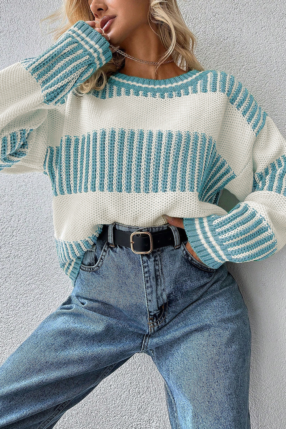 Two Tone Striped Patchwork Drop Shoulder Sweater